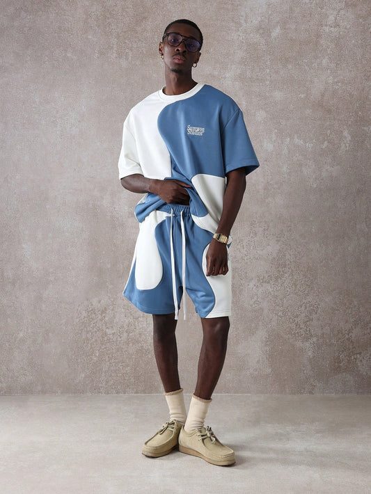 Ensemble T-shirt et Short Oversize à Blocs de Couleurs – Bleu Ciel & Blanc